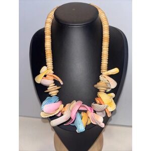 Vintage Philippines Pastel Seashell Statement Necklace Hand Painted Boho 18"